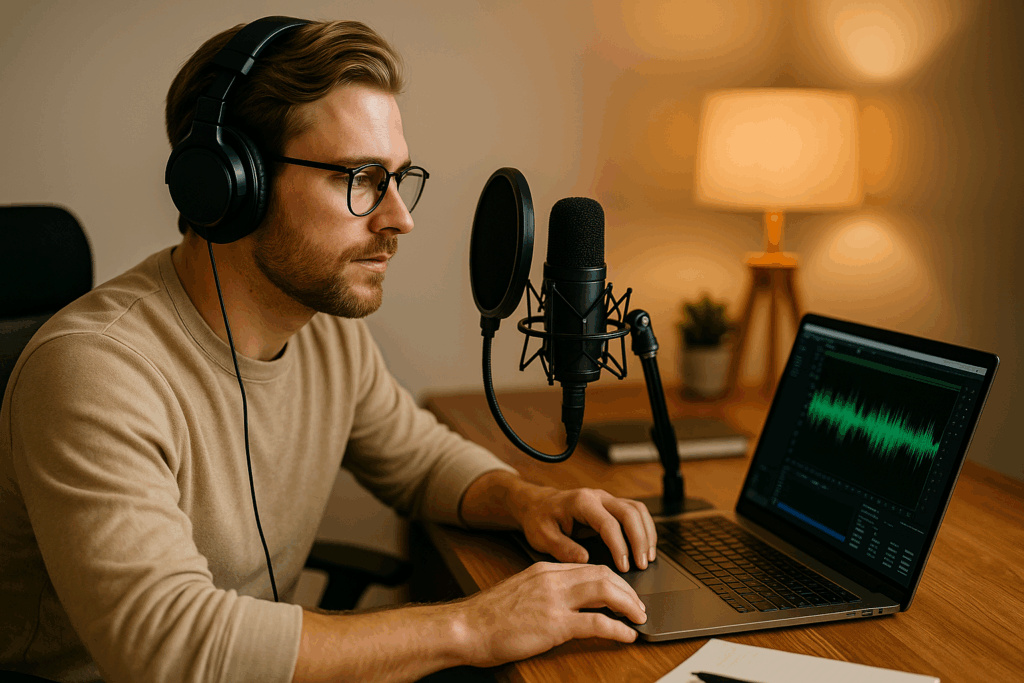 a tech person preparing high-quality audio on a a laptop