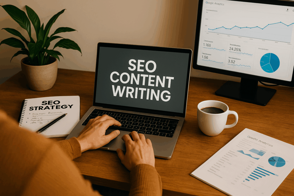 a laptop showing "SEO content writing" and another screen showing SEO growth graph